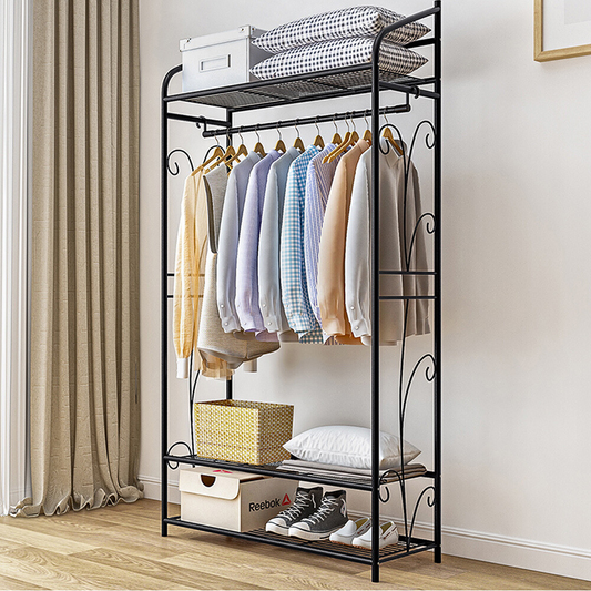 Black Metal Heavy Duty Clothes Rail Clothes Rack with 2 Shelf Storage Shelves_0