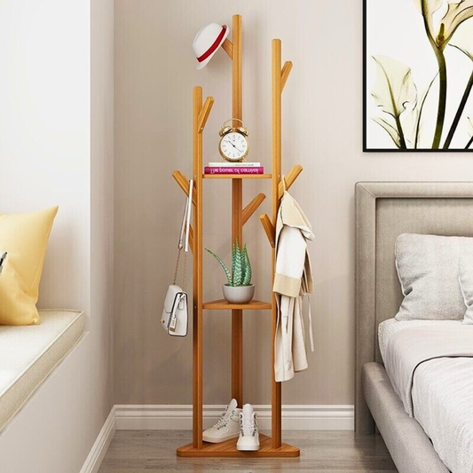 3-Layer Bamboo Coat Rack Tree Cloth Hanger with 9 Hooks_0