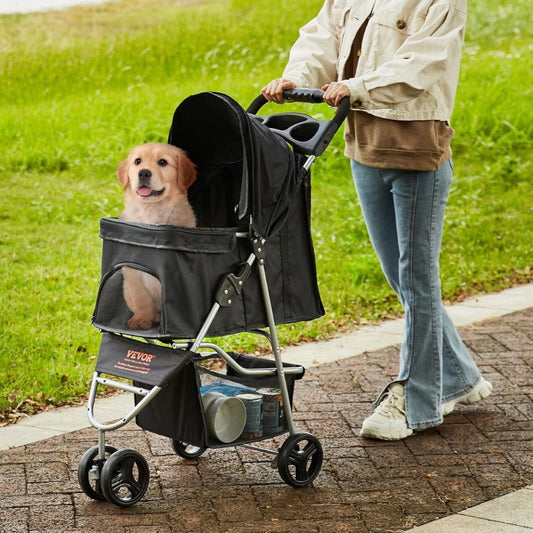 3 Wheel Black Dog Stroller with Front Pedal Storage Basket and Cup Holder_0